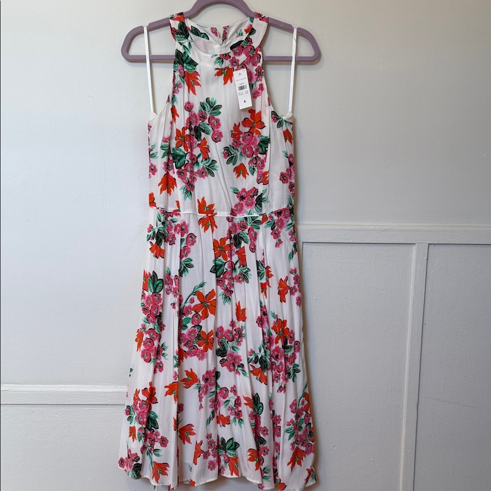 Ann Taylor Floral Midi Dress - White with Red and Orange